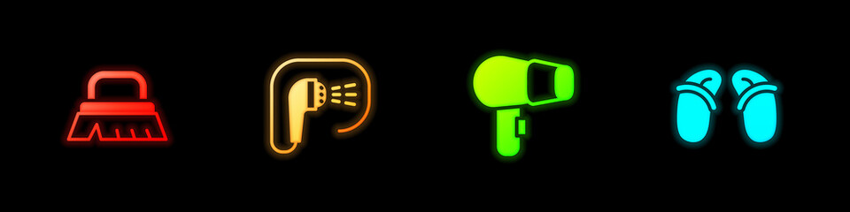 Set Brush for cleaning, Shower, Hair dryer and Flip flops icon. Vector