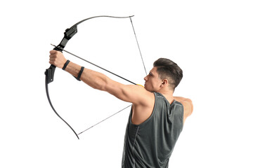 Man with bow and arrow practicing archery on white background