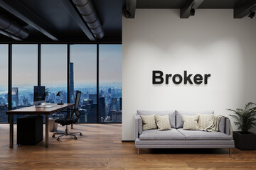 modern luxury loft with skyline view and single vintage couch, wall with broker lettering, 3D Illustration