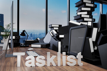 large pile of document folders and stack of ring binders flooding modern office workplace with pc and skyline view; tasklist concept; 3D Illustration