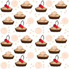 Vector seamless pattern for bakeries and pastry shops in gentle pink tones with an illustration of cakes and pies with cream and cherries.