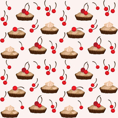 Seamless pattern from pies and cupcakes and cherries on a white background. Vector illustration for bakeries and sweet shops. © Vala Ivaschenko