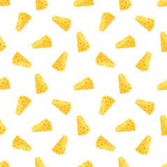 Cheese seamless pattern. Pieces of yellow cheese, isolated on a white background. Pieces of cheese of various shapes. Vector flat illustration