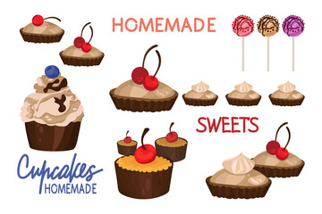 Set of bakery letterings and sweet pies with toppings and fruits - blueberries and cherries. Vector illustration isolated.