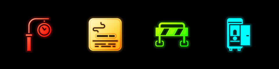 Set Train station clock, Smoking area, Road barrier and Toilet the train car icon. Vector