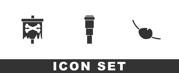 Set Pirate flag, Spyglass telescope lens and eye patch icon. Vector