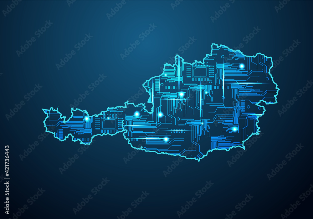 Poster abstract futuristic map of austria.circuit board design electric of the region. technology backgroun