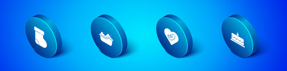 Set Isometric Baby socks clothes, inside heart, Cake with burning candles and bathtub icon. Vector
