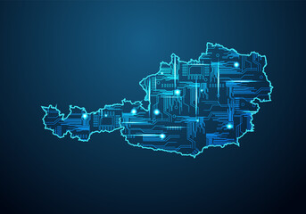 Abstract futuristic map of austria.Circuit Board Design Electric of the region. Technology background. mash line and point scales on dark with map.