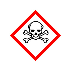 Obraz premium Poison caution icon vector design template isolated on background. Toxic hazard pictogram. Vector illustration of red border square sign with skull and crossbones inside. Attention. Danger zone.