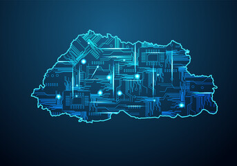 Abstract futuristic map of bhutan.Circuit Board Design Electric of the region. Technology background. mash line and point scales on dark with map.