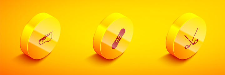 Set Isometric Biathlon rifle, Snowboard and Ice hockey sticks icon. Vector