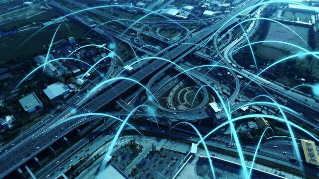 Smart digital city highway with globalization graphic of connection network abstract line . Concept of future 5G smart wireless digital city and social media networking systems .