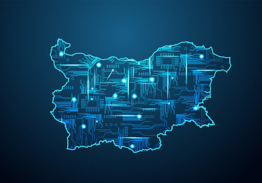 Abstract futuristic map of bulgaria.Circuit Board Design Electric of the region. Technology background. mash line and point scales on dark with map.