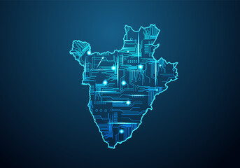 Abstract futuristic map of burundi.Circuit Board Design Electric of the region. Technology background. mash line and point scales on dark with map.