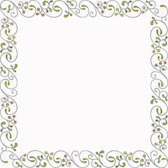 Frame from floral ornaments in yellow, green, red colors, painted with watercolors: leaves, berries, stems, isolated on a white background