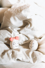 Easter eggs funny decoration idea. Happy cute family symbol