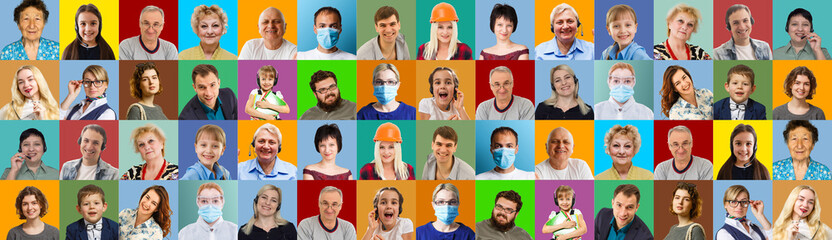 Fototapeta na wymiar Photo collage of group of glad cheerful surprised people person youngsters children having bright facial expressions isolated over multicolored background