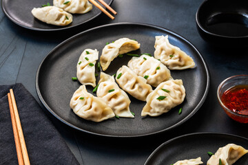 Gyoza Japanese dumplings with soy sauce. Asian cuisine. typical food Japanese Chinese Korean. delivery take away