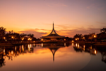 Fototapeta na wymiar Ratchamangkhala Pavillion at public park name Suan Luang Rama IX on sunset time Bangkok, Thailand.