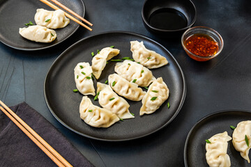 Gyoza Japanese dumplings with soy sauce. Asian cuisine. typical food Japanese Chinese Korean. delivery take away
