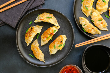 Gyoza Japanese dumplings with soy sauce. Asian cuisine. typical food Japanese Chinese Korean. delivery take away