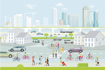 Stadtsilhouette mit Fußgänger und Straßenverkehr, Illustration 