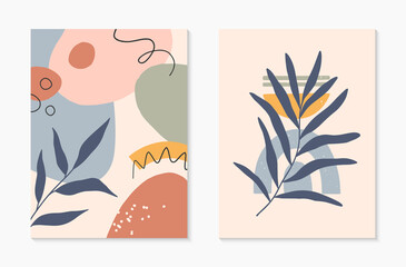 Set of mid century modern abstract vector illustrations with organic shapes and plants.Minimalistic art prints.Trendy designs perfect for banners templates;social media,invitations;branding,covers