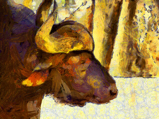 Wild buffalo head Illustrations creates an impressionist style of painting.