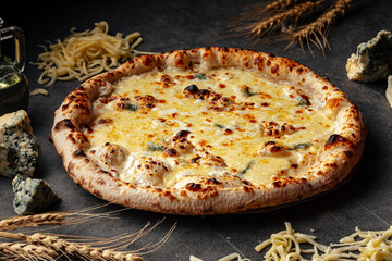 Baked four cheese pizza on the decorated grey background