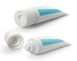 Two white tubes of toothpaste with turquoise on a white background. Full depth of field. With clipping path.