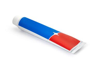 A tube of red and blue toothpaste on a white background. Full depth of field. With clipping path.