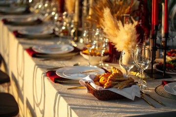 Decorated outdoors nature banquet table set with candles and dried flowers