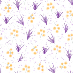 Watercolor yellow mimosa and purple leaves floral seamless pattern