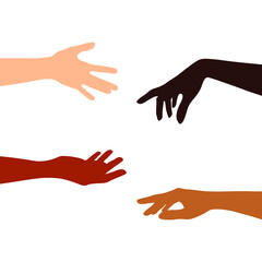Four female hands of different skin color on a white background. The concept of women's friendship and the movement for women's rights. Vector illustration. 