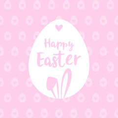 Happy Easter greeting card. White egg with easter bunny ears on a pastel pink background with pattern of eggs