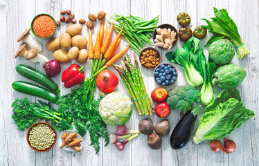 Healthy food selection with fruits, vegetables, seeds, superfood and cereals