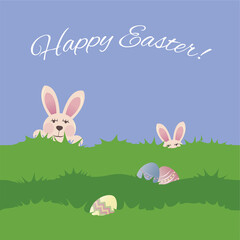 Easter Card with Bunny and Eggs on the green grass. Vector illustration.
