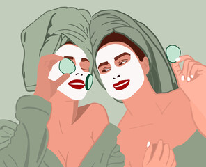 Inspirational words written on a green background and illustration of two young woman using homemade organic natural cosmetic. Self-care day with a facial mask and cucumbers on her eyes. 