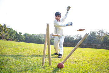 a boy wicket keeper stumping during cricket game