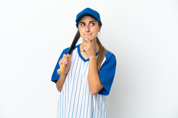Young caucasian woman playing baseball isolated on white background having doubts and thinking