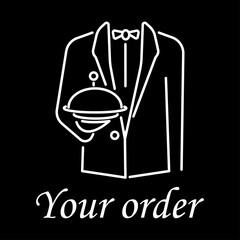 Isolated white waiter icon with text on black background. Design element for poster, banner, clothes. Simple flat style. Vector illustration.