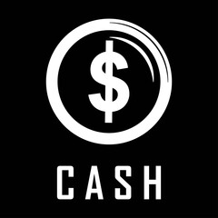 Isolated white coin icon with text on a black background. Design element for poster, banner, clothes. Simple flat style. Vector illustration.