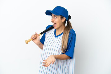 Young caucasian woman playing baseball isolated on white background with surprise expression while looking side
