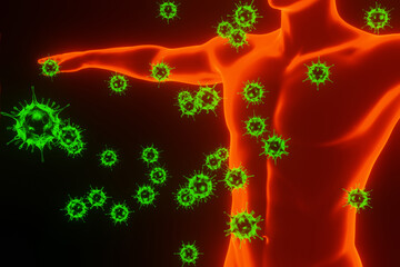 X-ray human immune system and coronavirus, bacteria and virus . 3D Rendering.