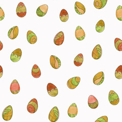 Seamless pattern from the watercolor set of Easter eggs in red, yellow, green colors isolated on a white background