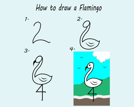Step by step to draw a Flamingo. Drawing tutorial a Flamingo. Drawing lesson for children. Vector illustration.