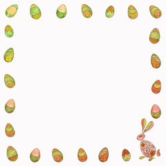 Frame from a watercolor set of eggs and Easter bunny in red, yellow, green colors isolated on white background