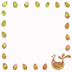 Frame from a watercolor set of Easter eggs and hen in red, yellow, green colors isolated on white background