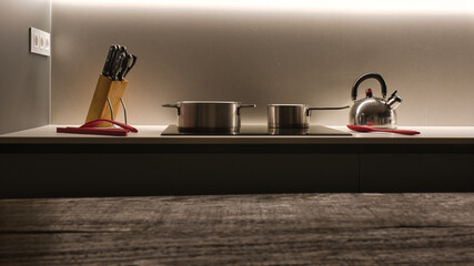 Vista frontal de una cocina moderna con iluminación led y temperatura de color alterada para...